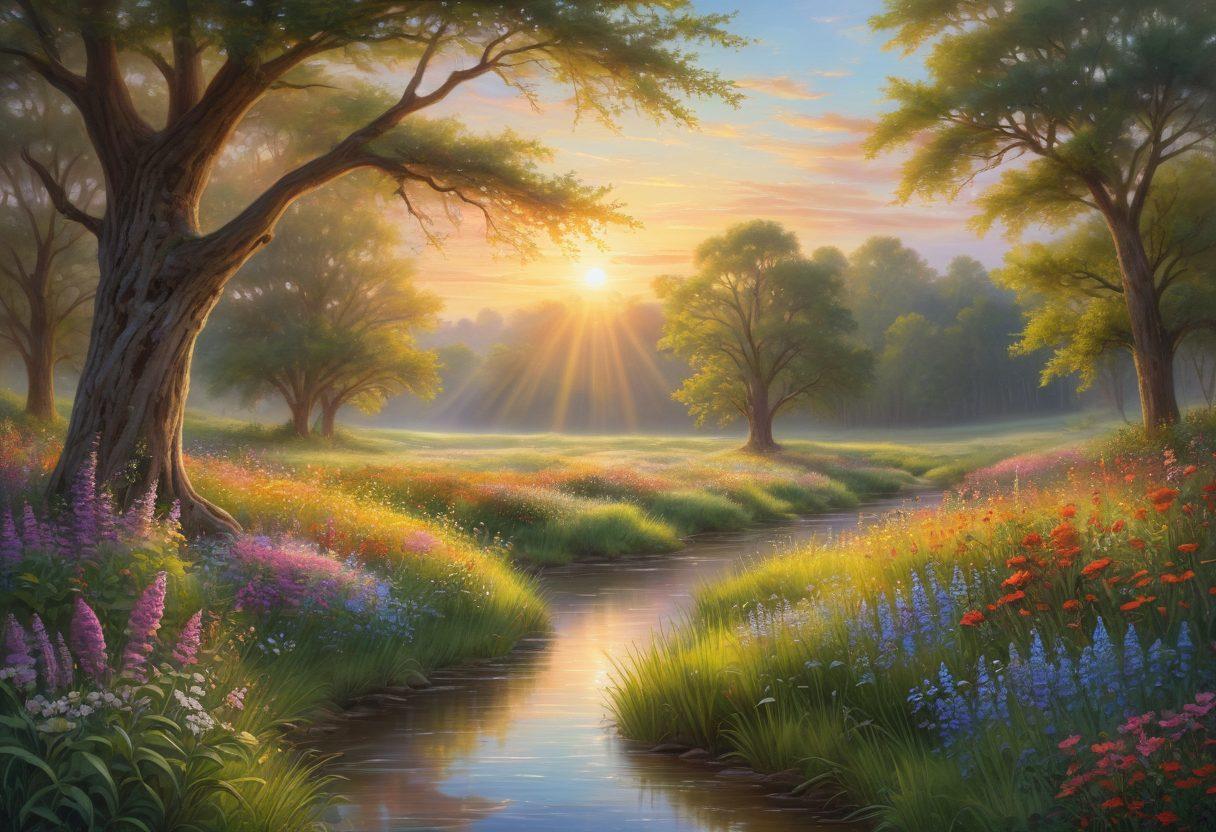 A serene landscape featuring a radiant sunrise over a peaceful meadow, with vibrant wildflowers and a gentle brook flowing. Include a person meditating peacefully under a tree, radiating an aura of positivity and contentment. The sky should be bright with soft pastels, symbolizing hope and joy. super-realistic. vibrant colors. calming atmosphere.