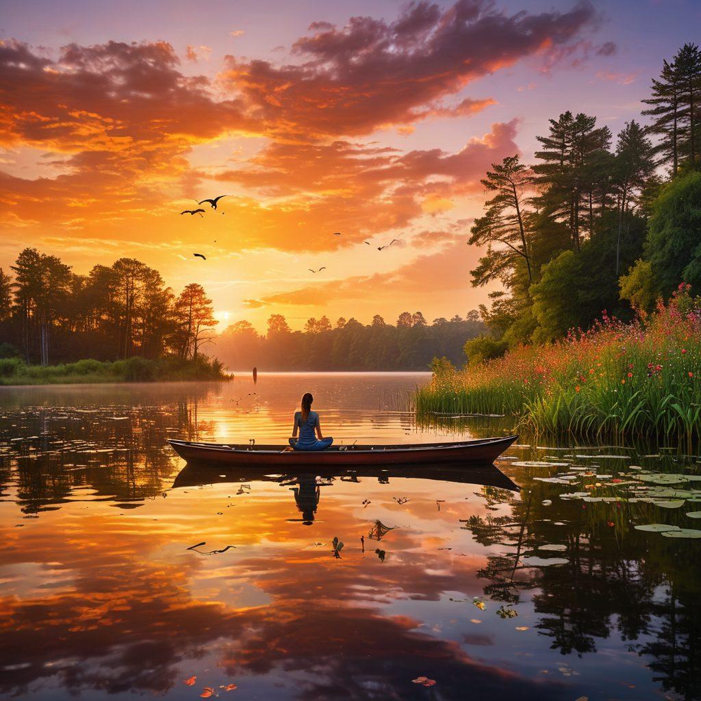 A serene landscape featuring a peaceful sunrise over a tranquil lake, with a silhouette of a person practicing yoga on a boat. The scene is adorned with vibrant wildflowers and lush green trees, symbolizing growth and well-being. Include elements like gentle waves and birds flying in the sky to evoke a sense of freedom and tranquility. ethereal quality. vibrant colors. super-realistic.