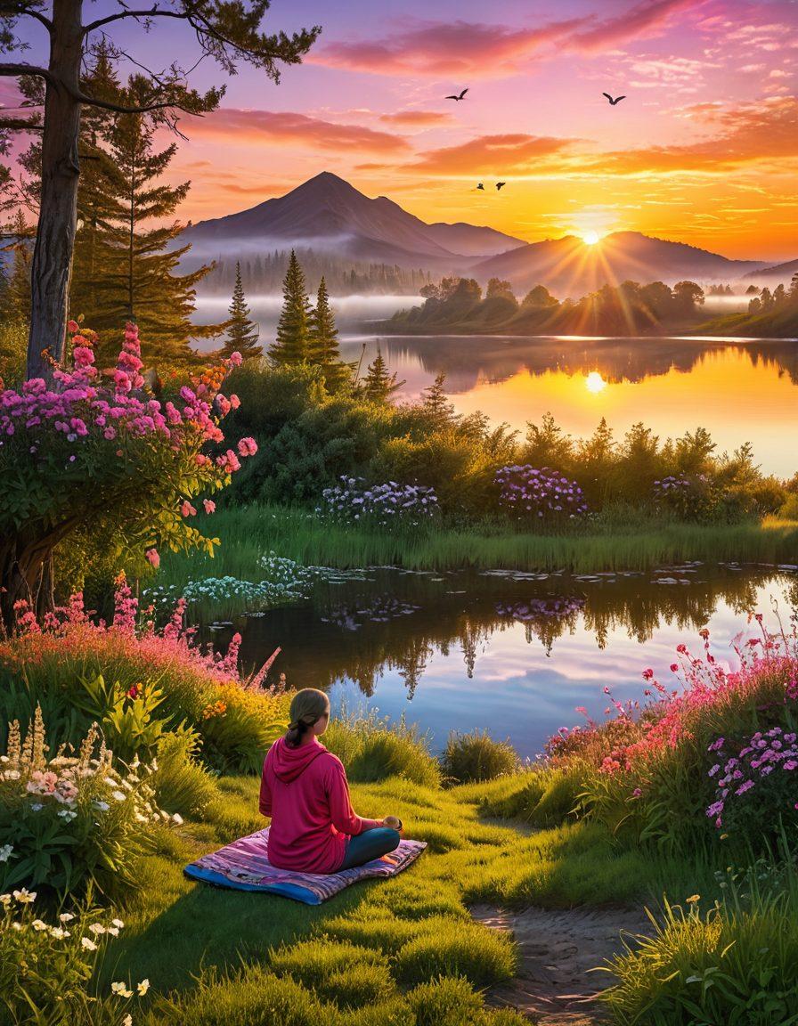 A serene landscape featuring a sunrise over a calm lake, reflecting vibrant colors of orange, pink, and yellow skies. In the foreground, a person meditating on a grassy hill, surrounded by blooming flowers and butterflies, embodying peace and joy. Soft rays of sunlight filtering through trees create a magical atmosphere. super-realistic. vibrant colors. 3D.
